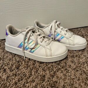 Adidas Kids White Sneakers with Iridescent Stripes